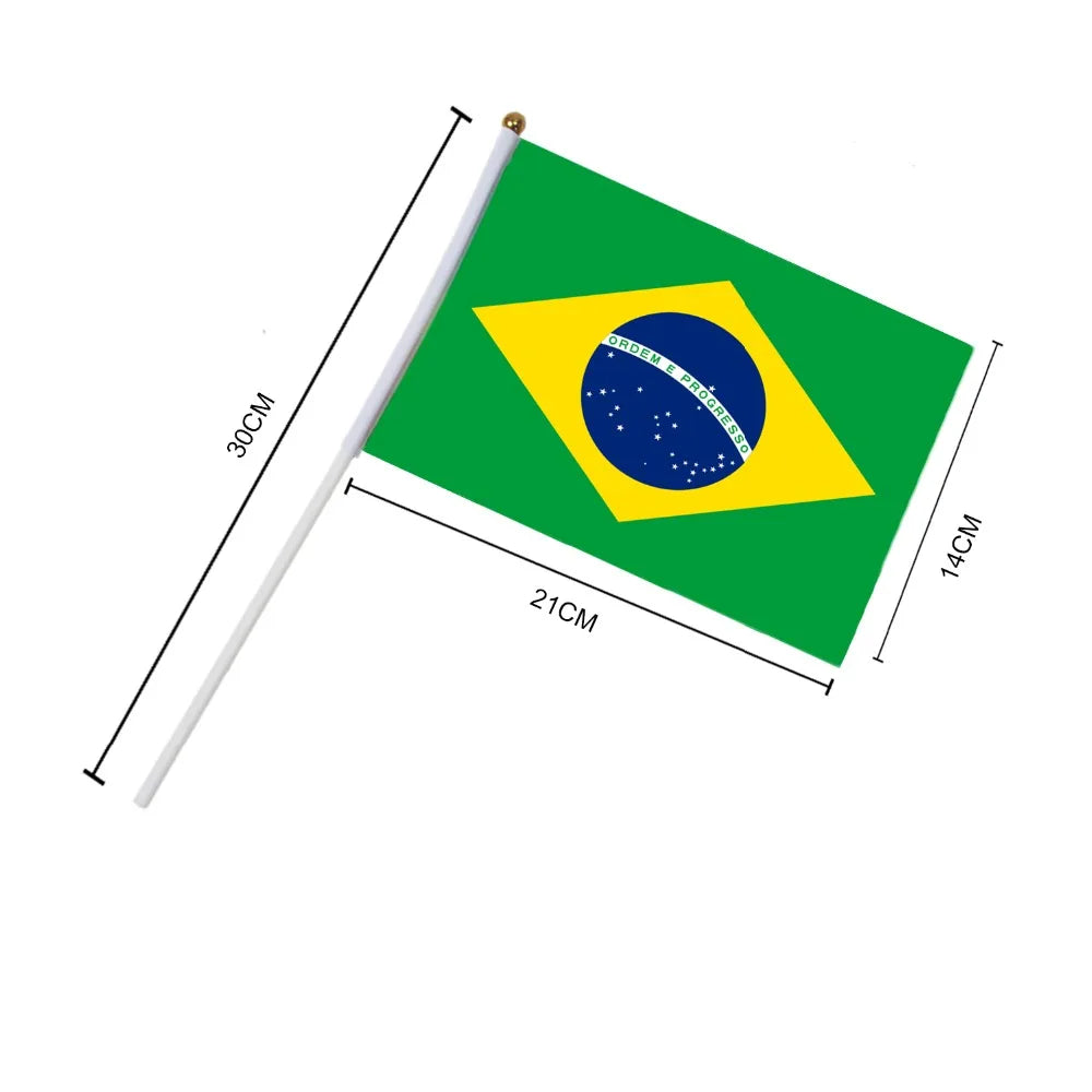 Brazil national flag hand waving flags with Plastic Flagpoles (10pcs)