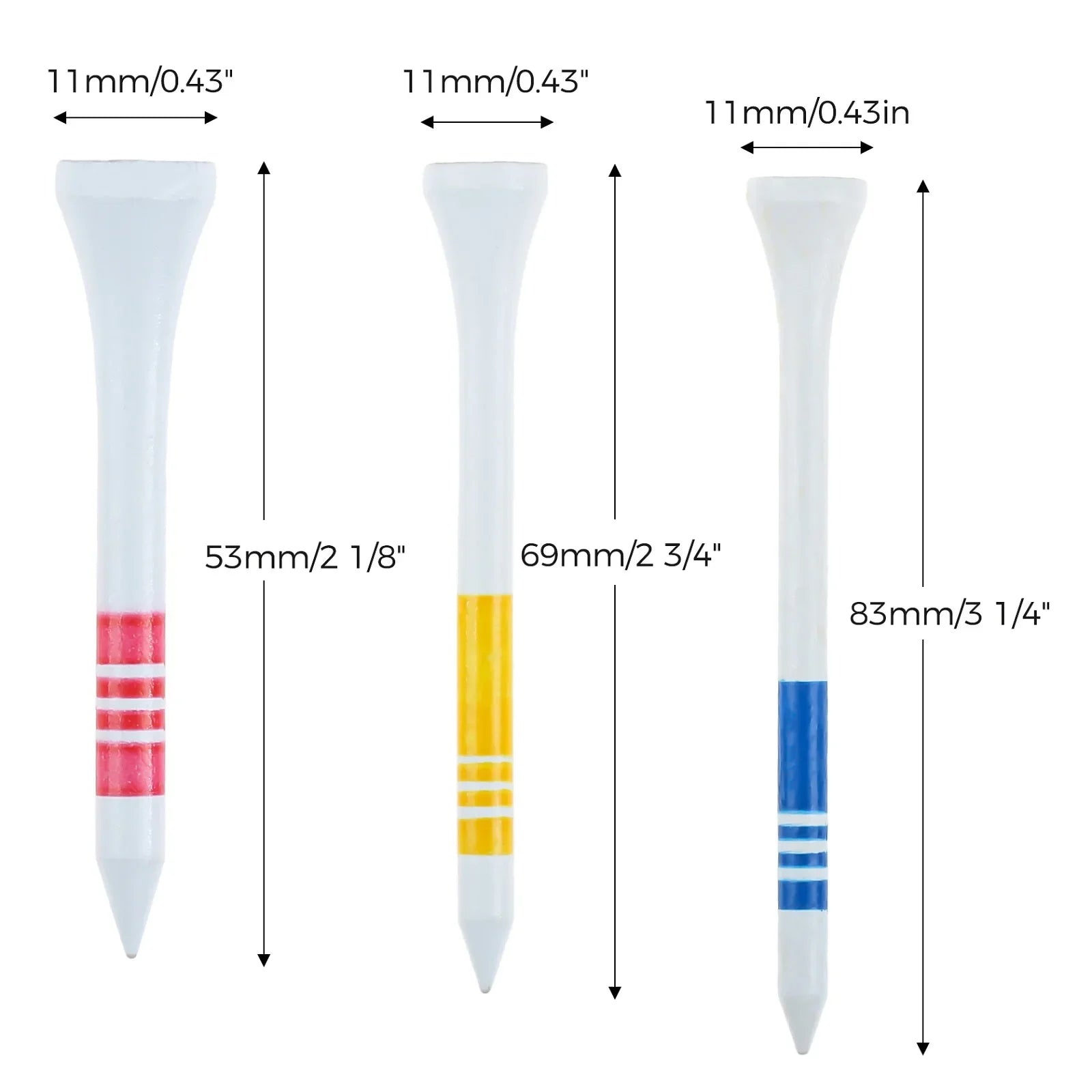 25pcs Professional Wooden Golf Tees White with Red/Yellow/Blue Stripe (53mm/69mm/83mm)