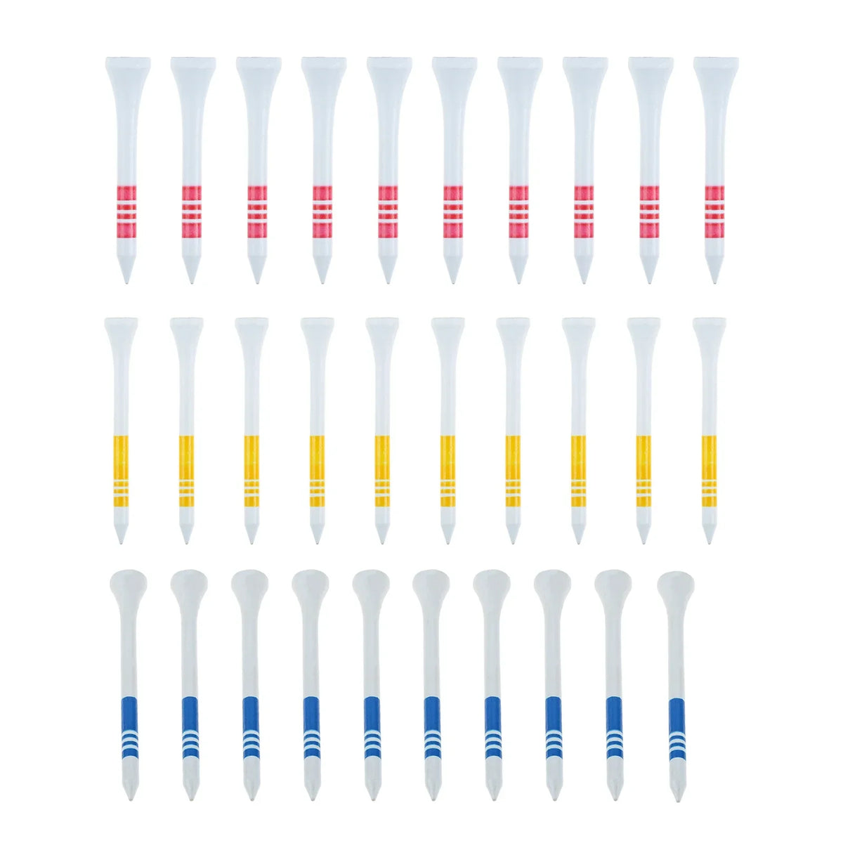 25pcs Professional Wooden Golf Tees White with Red/Yellow/Blue Stripe (53mm/69mm/83mm)