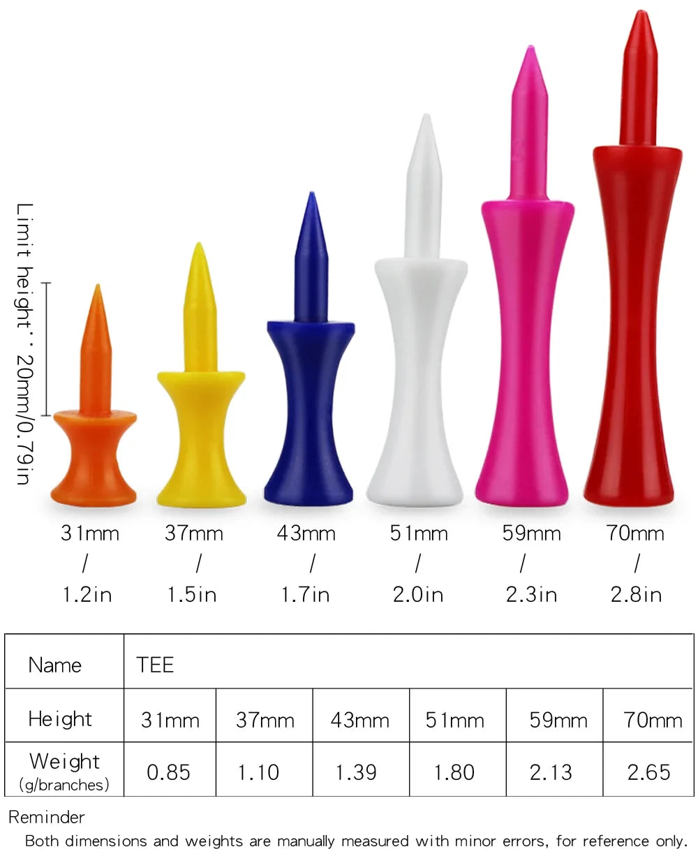 Multi Coloured Golf Tees (50 Pcs - 37mm to 70mm)