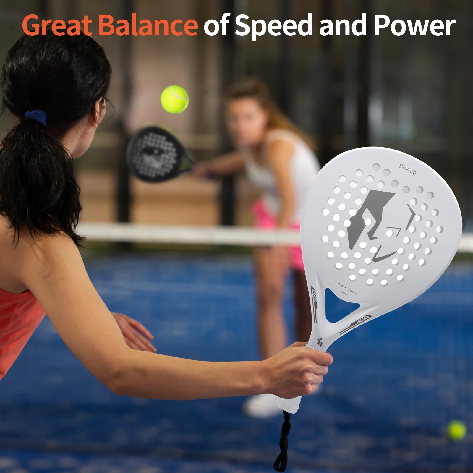 Person holding a paddle with 'Great Balance of Speed and Power' text above, on a blurred background of a paddle tennis game.